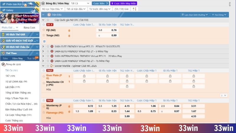 Thể thao online 33WIN - Phát sóng trận đấu, cá độ hấp dẫn 2 Bảng kèo chi tiết và cập nhật kịp thời trên giao diện